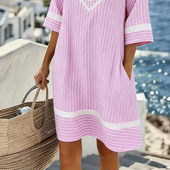 Anouk | Short Sleeve Striped Dress with V-Neck