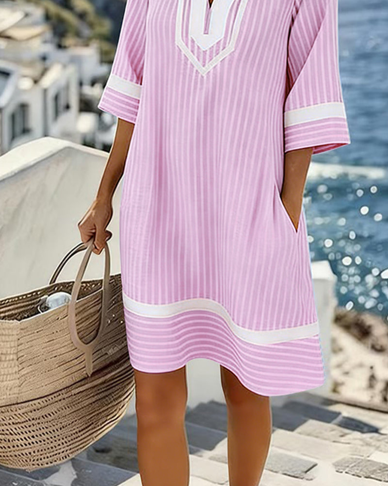 Anouk | Short Sleeve Striped Dress with V-Neck