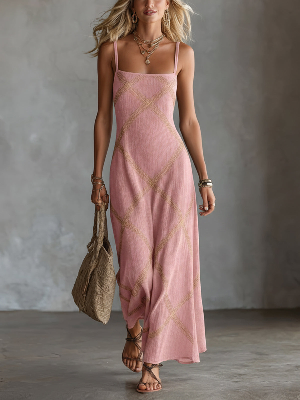 Wilhelmina | Geometric Print Maxi Dress – Pink