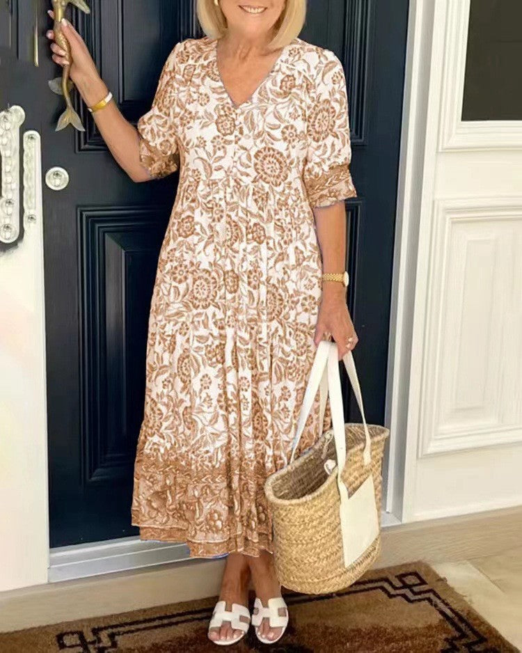 Henrietta | Floral A-Line Dress with Deep V-Neck – Orange