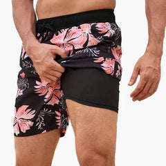 Ollie | Men's Tropical Print Beach Shorts with Liner – Black Orange Tide