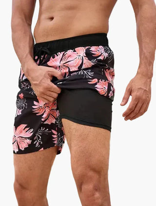 Ollie | Men's Tropical Print Beach Shorts with Liner – Black Orange Tide
