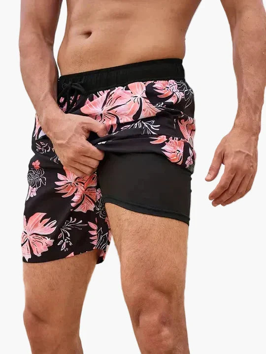 Ollie | Men's Tropical Print Beach Shorts with Liner – Black Orange Tide