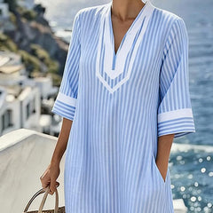 Anouk | Short Sleeve Striped Dress with V-Neck