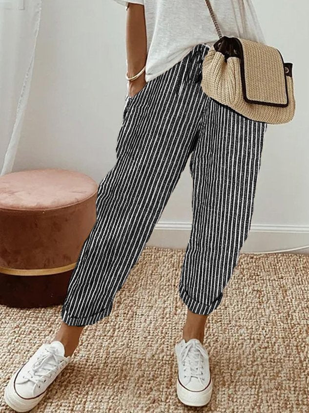 Elsie | Women's Flowing Pants with Elastic Waist – Black Stripe