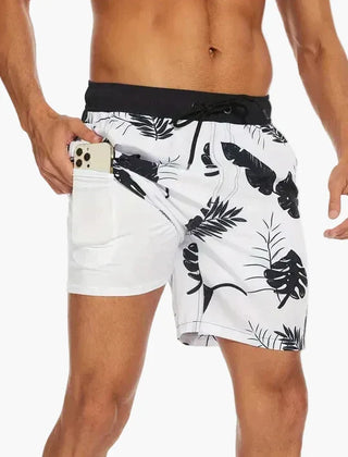 Ollie | Men's Tropical Print Beach Shorts with Liner – Monochrome Floral