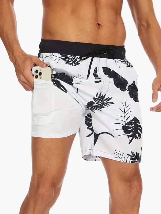 Ollie | Men's Tropical Print Beach Shorts with Liner – Monochrome Floral