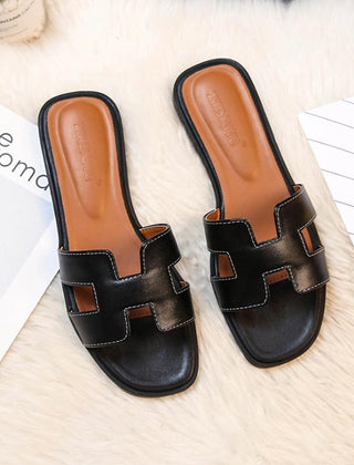 Primrose | Leather H-Strap Slip-On Sandals – Black