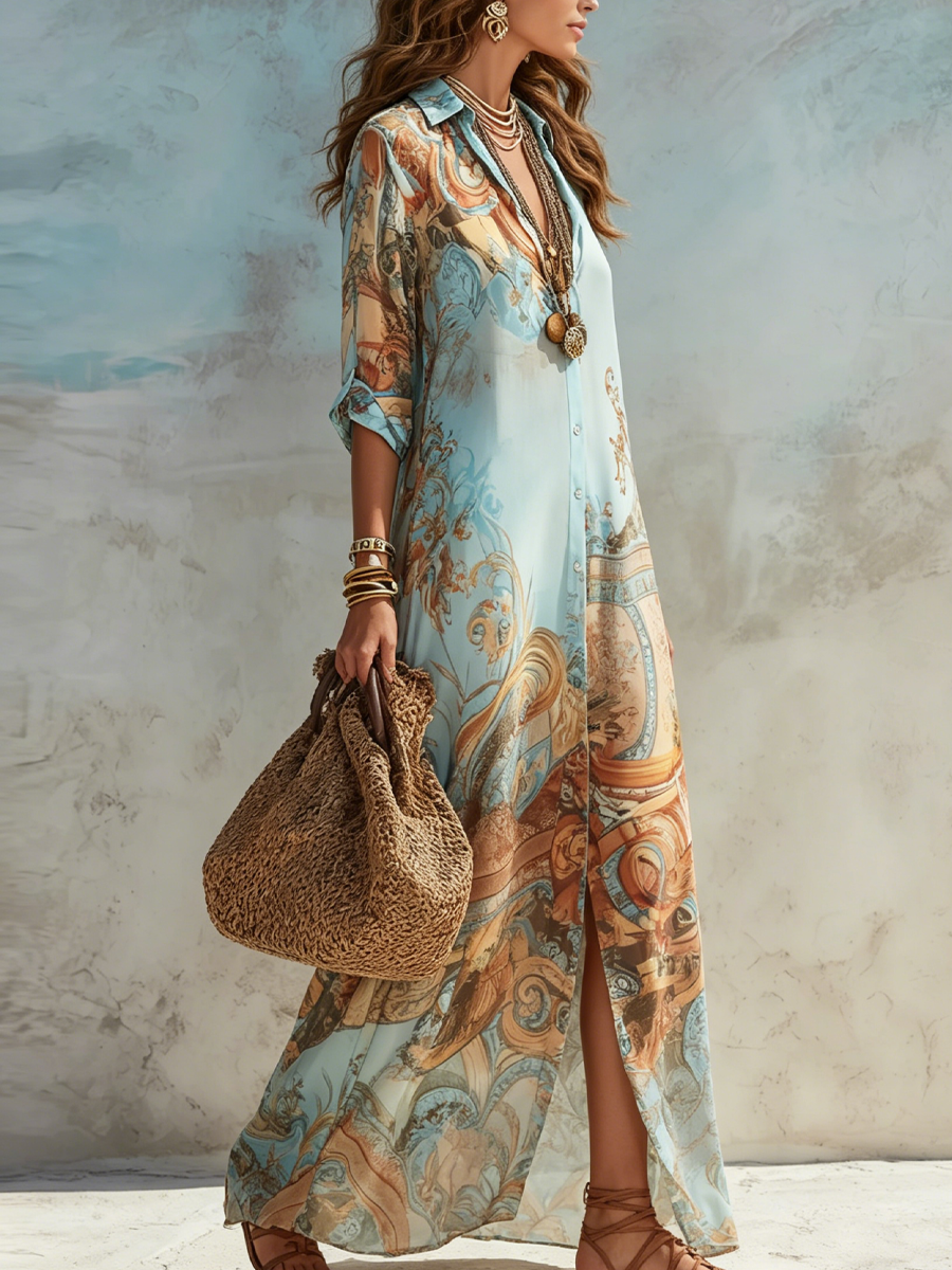 Isolde | Printed Shirt Dress in Blue