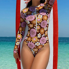 Hana | Boho Floral Long Sleeve Swimsuit with Zip – Orange