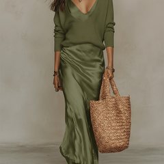 Ottilia | Knit and Satin Midi Set – Green