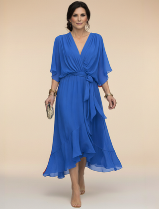 Talia | Chiffon Dress with V-Neck – Blue