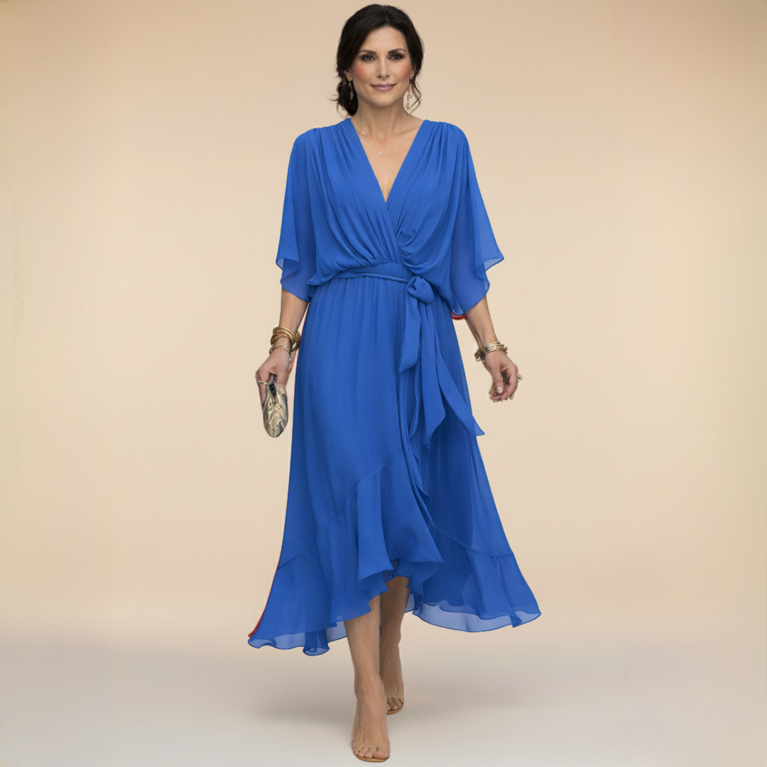 Talia | Chiffon Dress with V-Neck – Blue