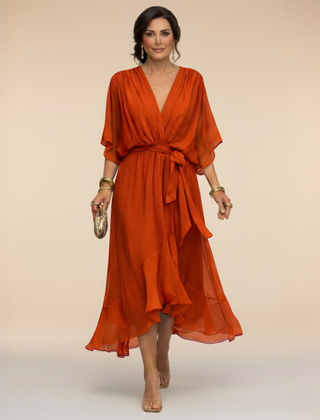 Talia | Chiffon Dress with V-Neck – Orange