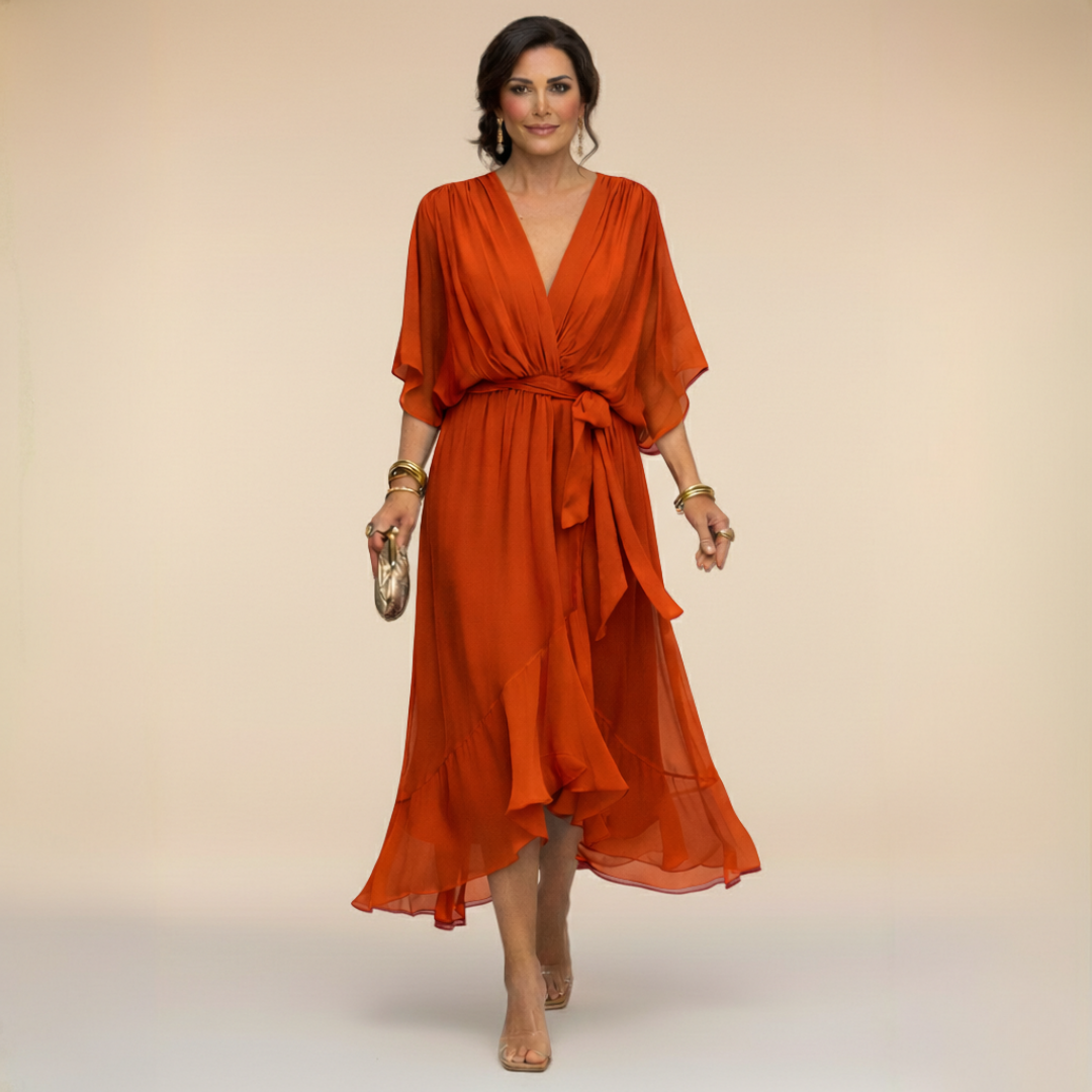 Talia | Chiffon Dress with V-Neck – Orange
