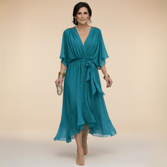 Talia | Chiffon Dress with V-Neck – Navy