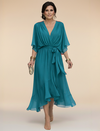 Talia | Chiffon Dress with V-Neck – Navy