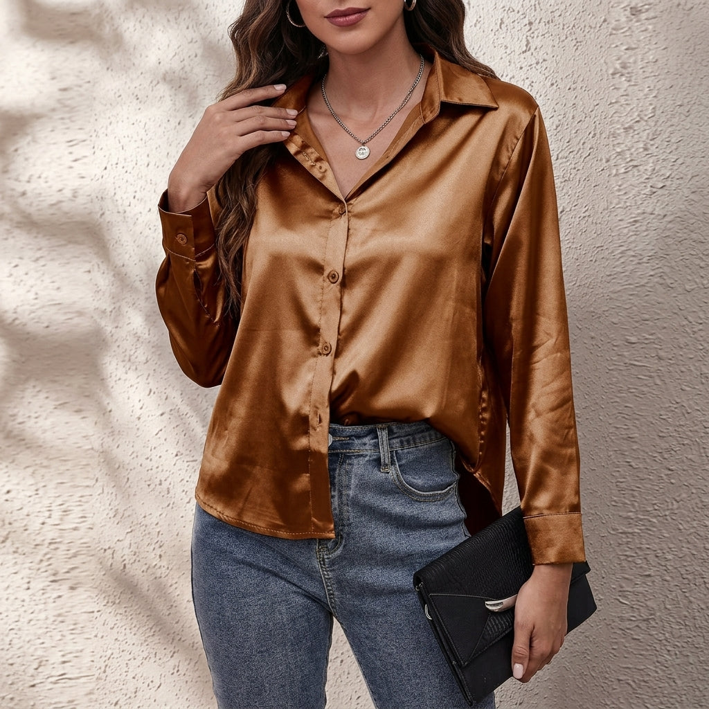 Odile | Satin Shirt with Relaxed Fit – Brown