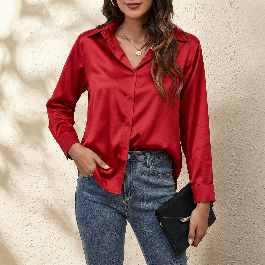 Odile | Satin Shirt with Relaxed Fit – Red