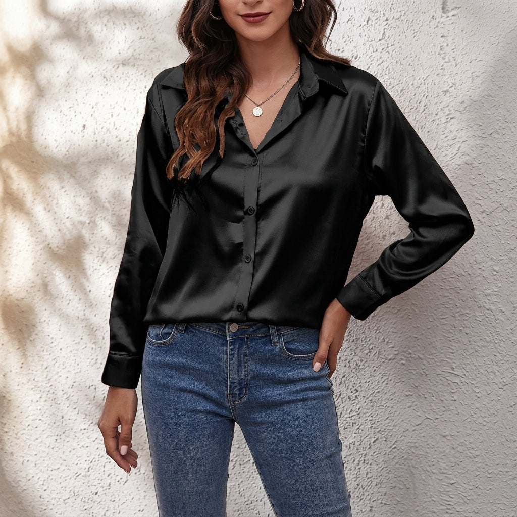Odile | Satin Shirt with Relaxed Fit – Black