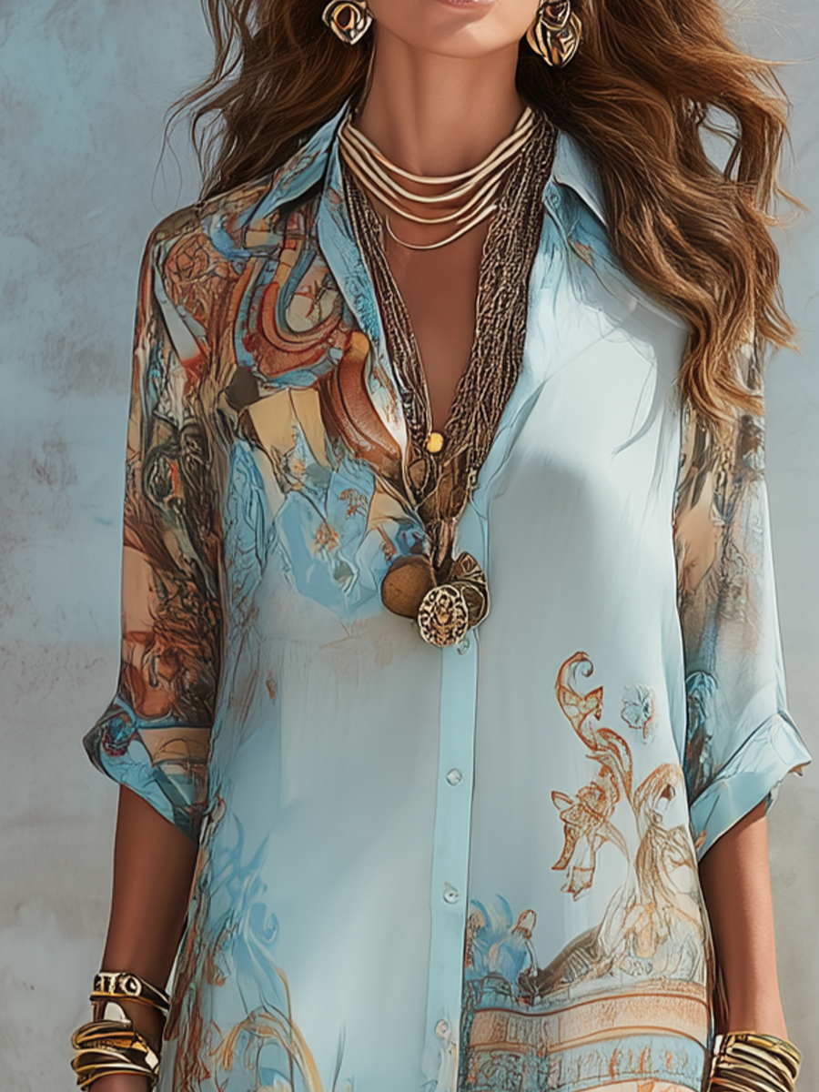 Isolde | Printed Shirt Dress in Blue