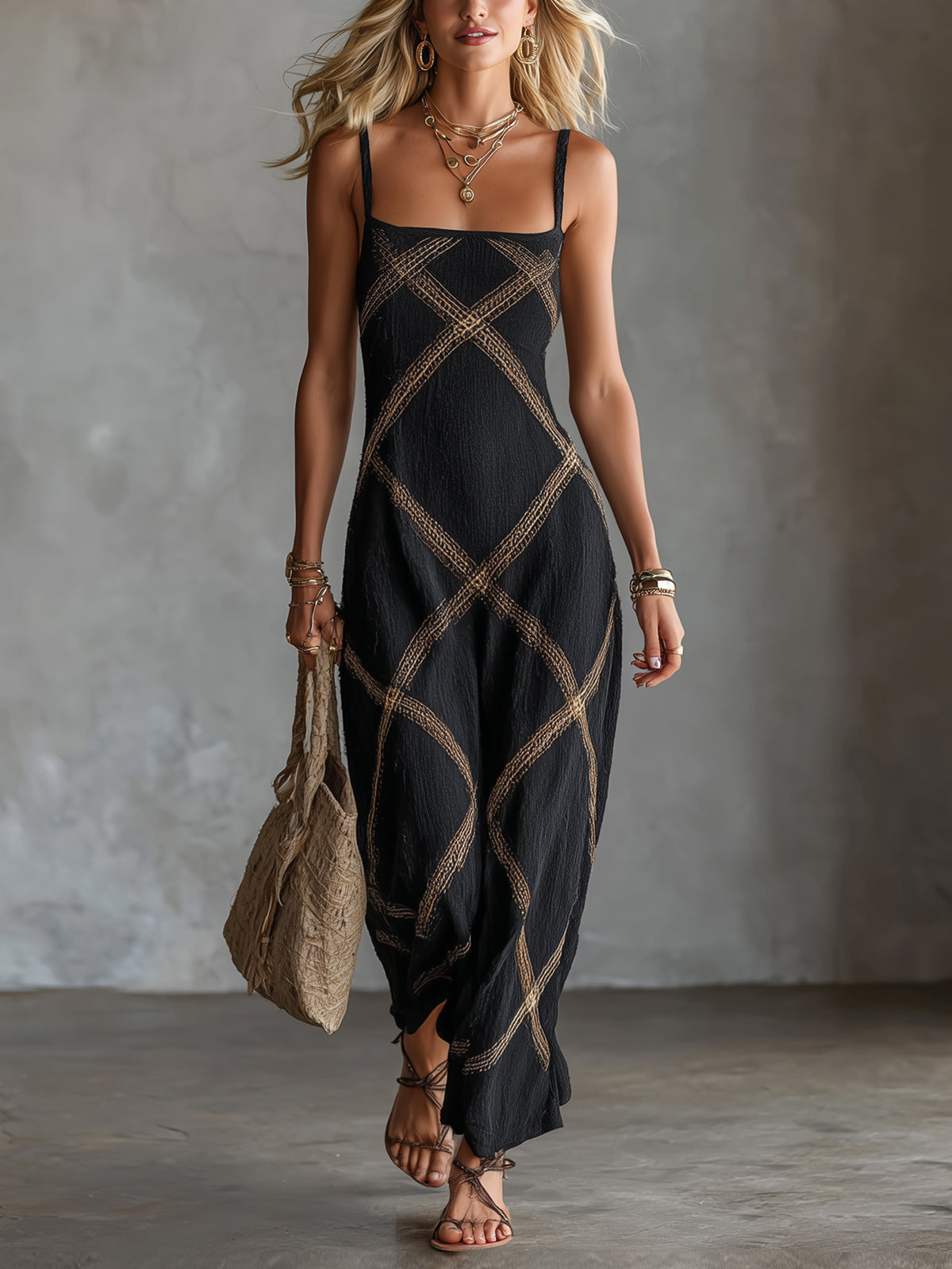 Wilhelmina | Geometric Print Maxi Dress – Black