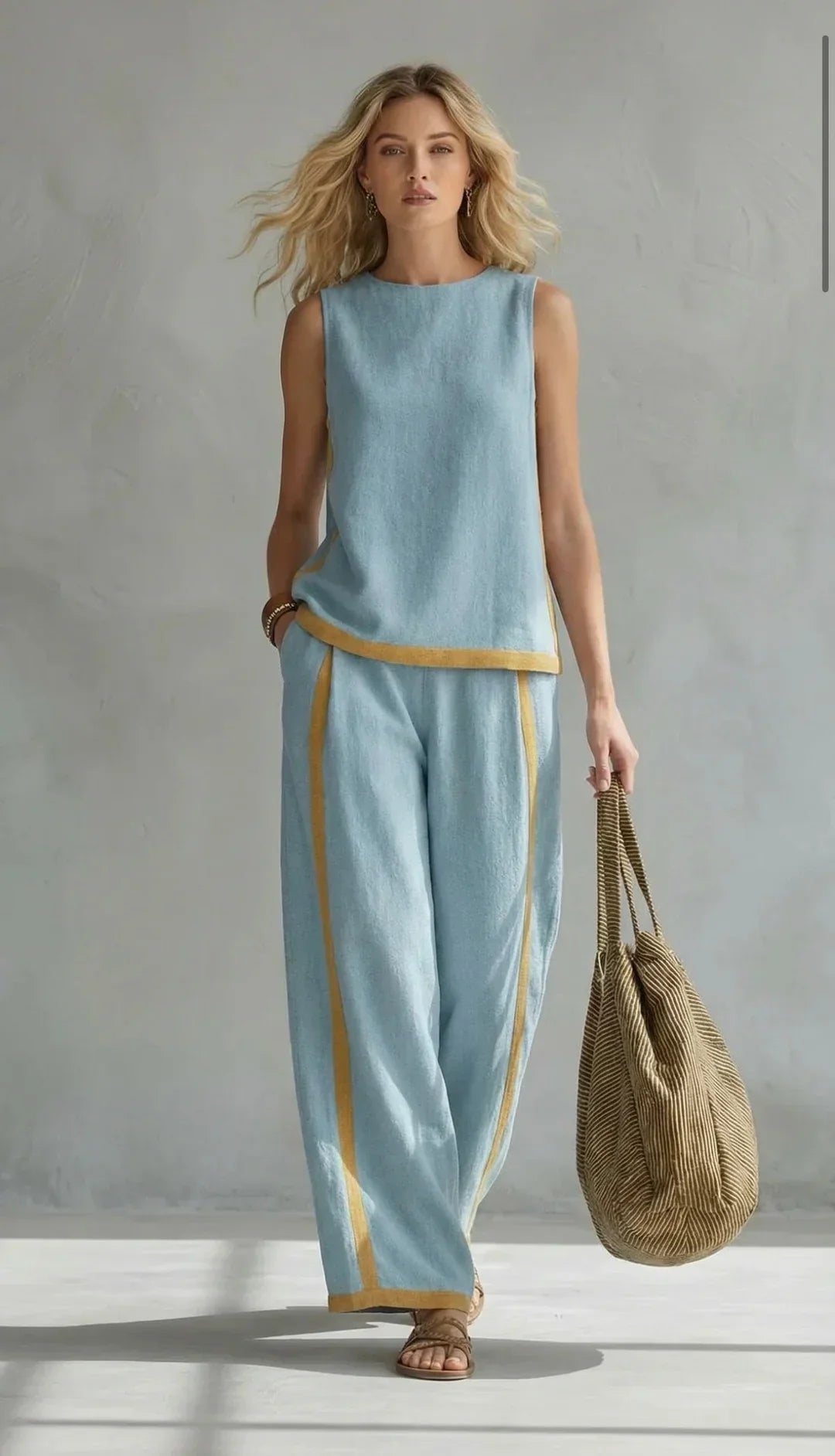 Peggy | Two Piece Set with Contrast Trim – Light Blue