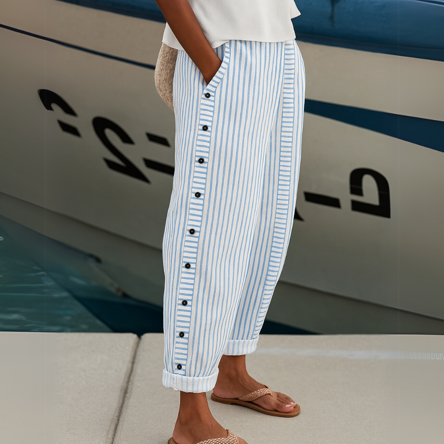 Amity | Striped Pants with Button Detail – Blue
