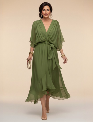 Talia | Chiffon Dress with V-Neck – Green