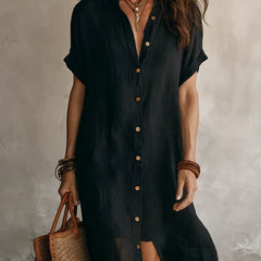 Sabine | Button Front Linen Midi Dress – Black