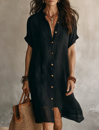 Sabine | Button Front Linen Midi Dress – Black