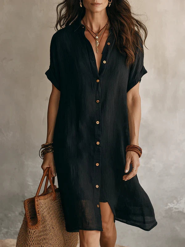 Sabine | Button Front Linen Midi Dress – Black