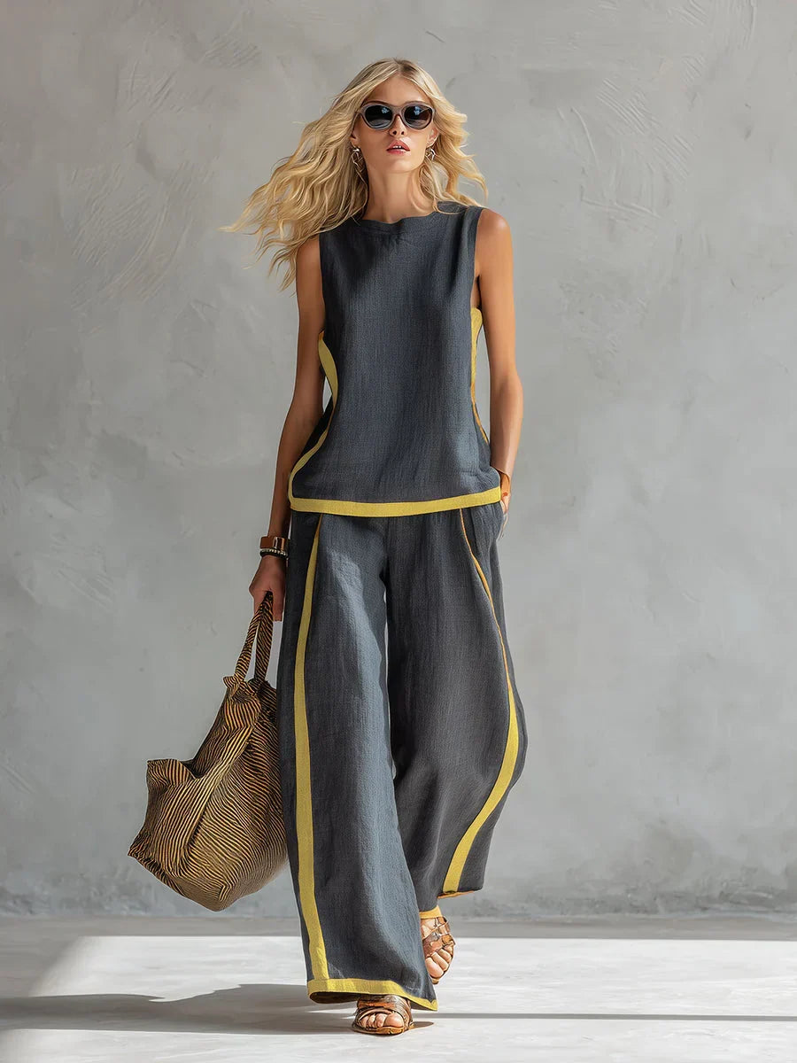 Peggy | Two Piece Set with Contrast Trim – Grey