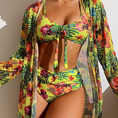 Delphina | Women's Floral Bikini with Cover-Up Top – Yellow