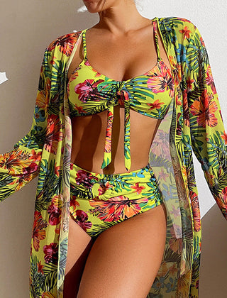 Delphina | Women's Floral Bikini with Cover-Up Top – Yellow