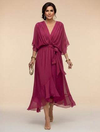Talia | Chiffon Dress with V-Neck – Dark Purple