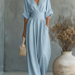Ilaria | Women's V-Neck Wide Leg Jumpsuit with High Waist – Blue