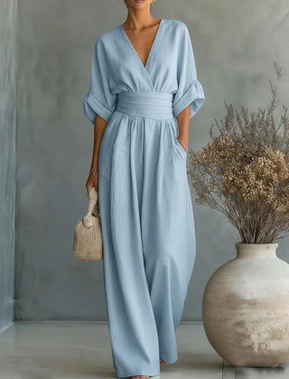 Ilaria | Women's V-Neck Wide Leg Jumpsuit with High Waist – Blue