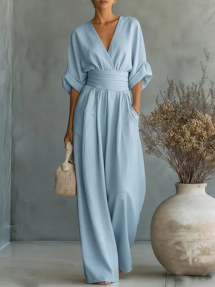 Ilaria | Women's V-Neck Wide Leg Jumpsuit with High Waist – Blue