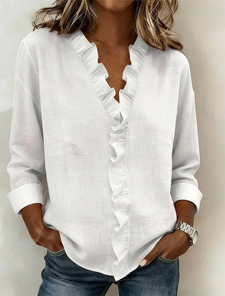Etta | Ruffle Blouse with V-Neck – White