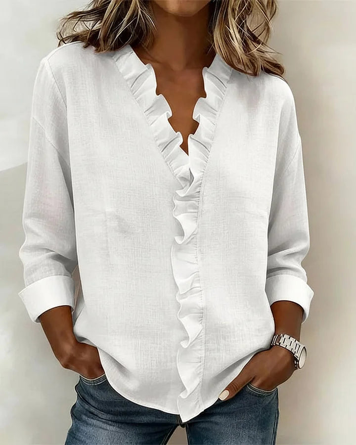 Etta | Ruffle Blouse with V-Neck – White