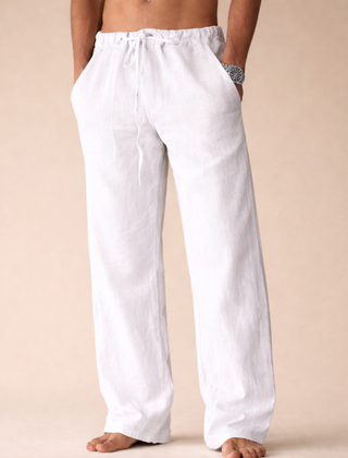 Lorcan | Straight Leg Linen Pants with Drawstring Waist – White