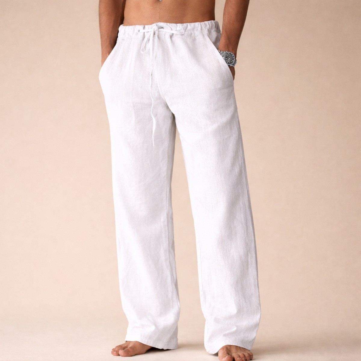 Lorcan | Straight Leg Linen Pants with Drawstring Waist – White