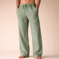 Lorcan | Straight Leg Linen Pants with Drawstring Waist – Green
