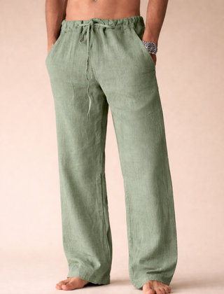 Lorcan | Straight Leg Linen Pants with Drawstring Waist – Green