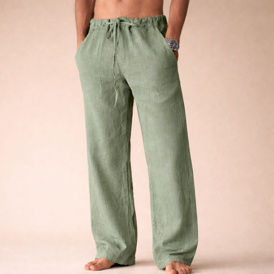 Lorcan | Straight Leg Linen Pants with Drawstring Waist – Green