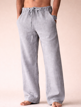 Lorcan | Straight Leg Linen Pants with Drawstring Waist – Light Grey
