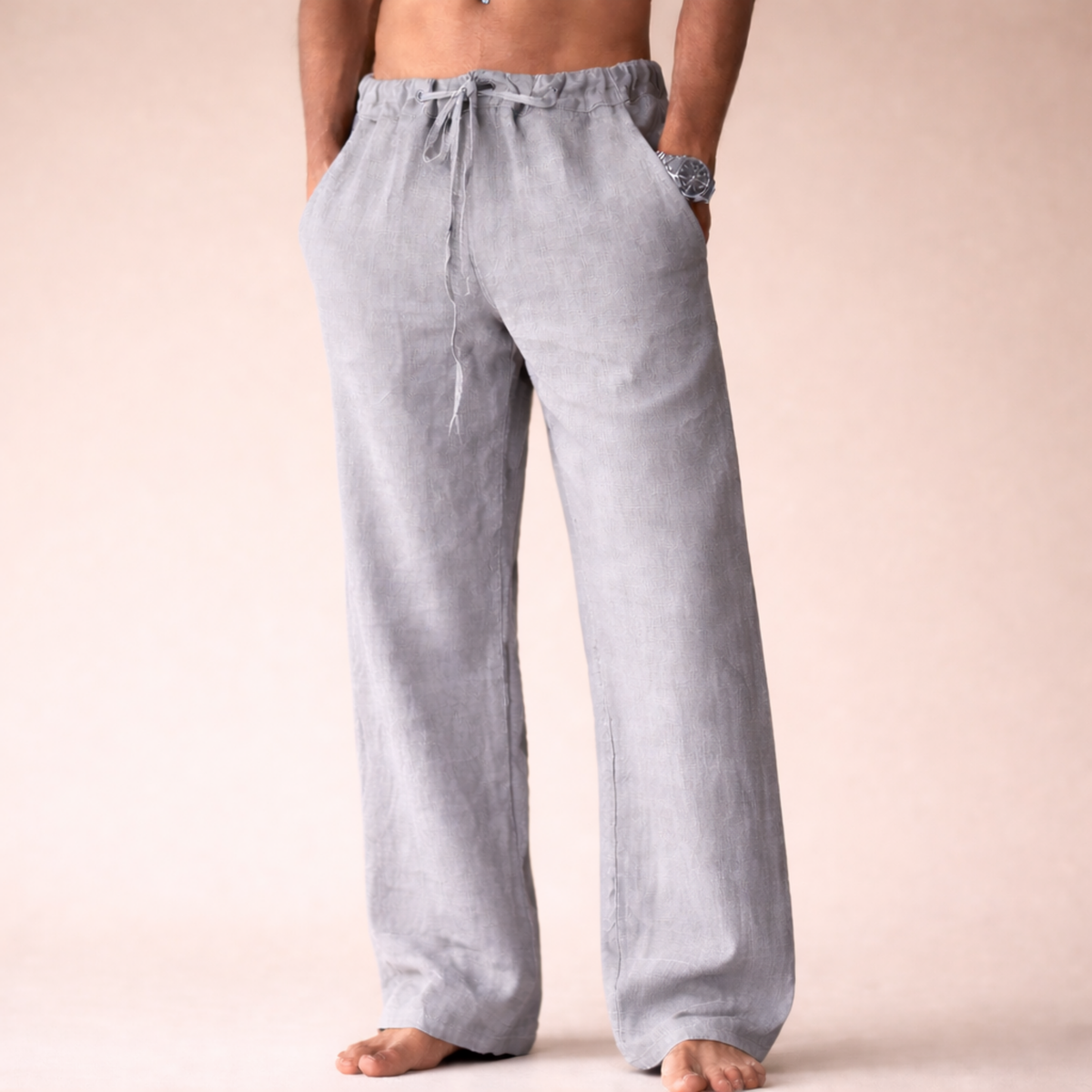 Lorcan | Straight Leg Linen Pants with Drawstring Waist – Light Grey