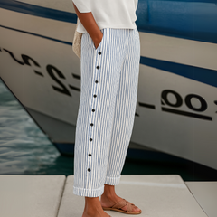 Amity | Striped Pants with Button Detail – Grey