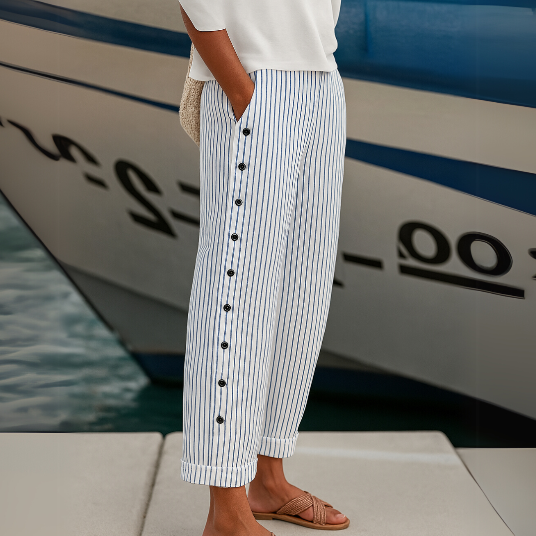 Amity | Striped Pants with Button Detail – Grey